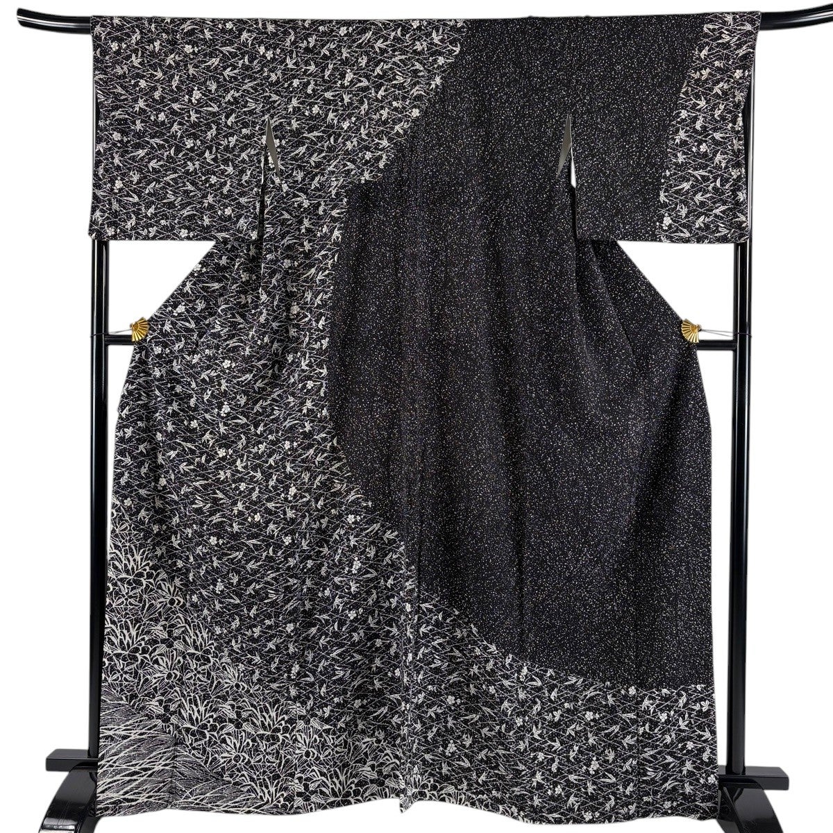 訪問着 身丈164.5cm 裄丈68cm L 袷 草花 松皮菱 黒 正絹 秀品｜中古