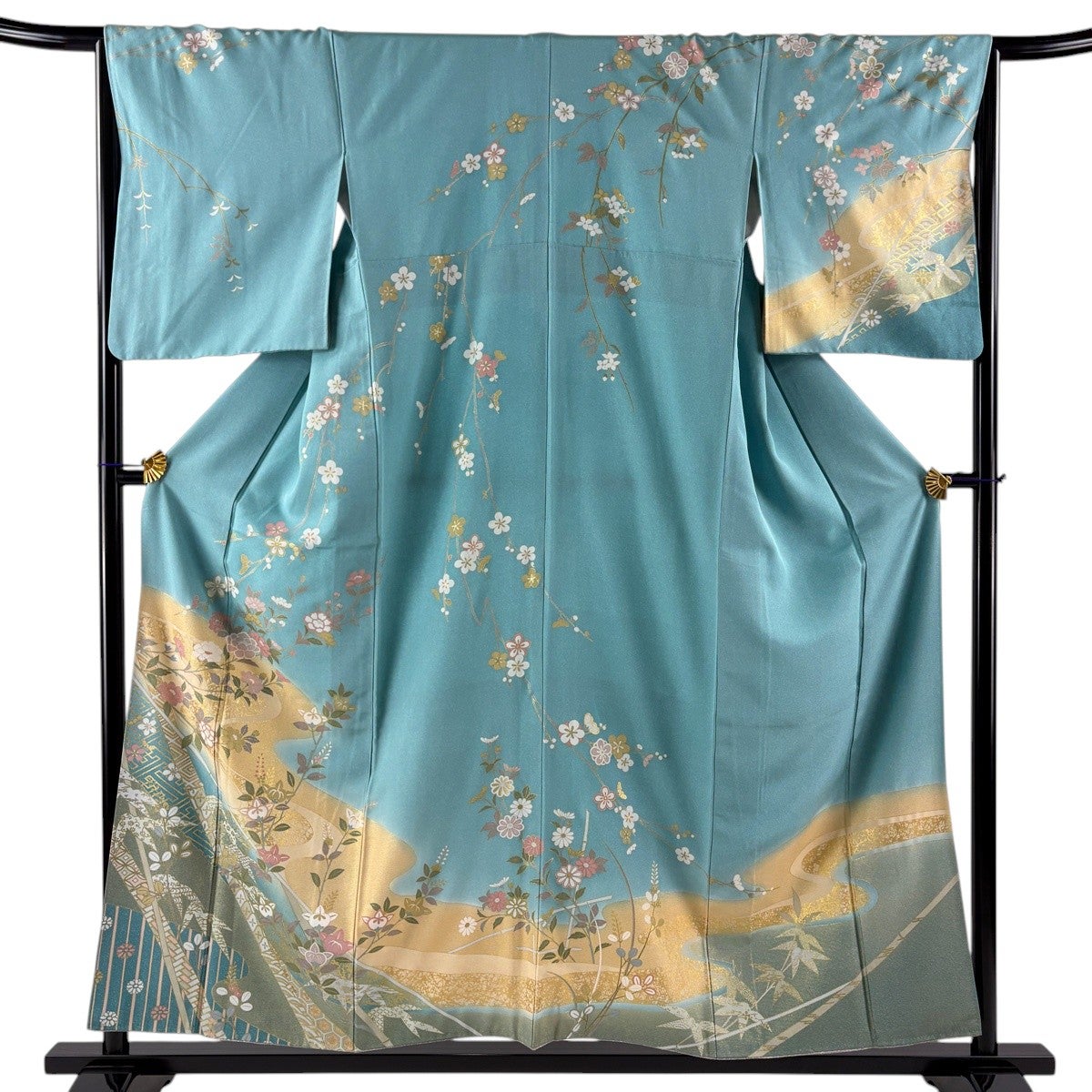 美品】 訪問着 身丈156cm 裄丈65.5cm M 袷 草花 流水 金彩 ぼかし 水色