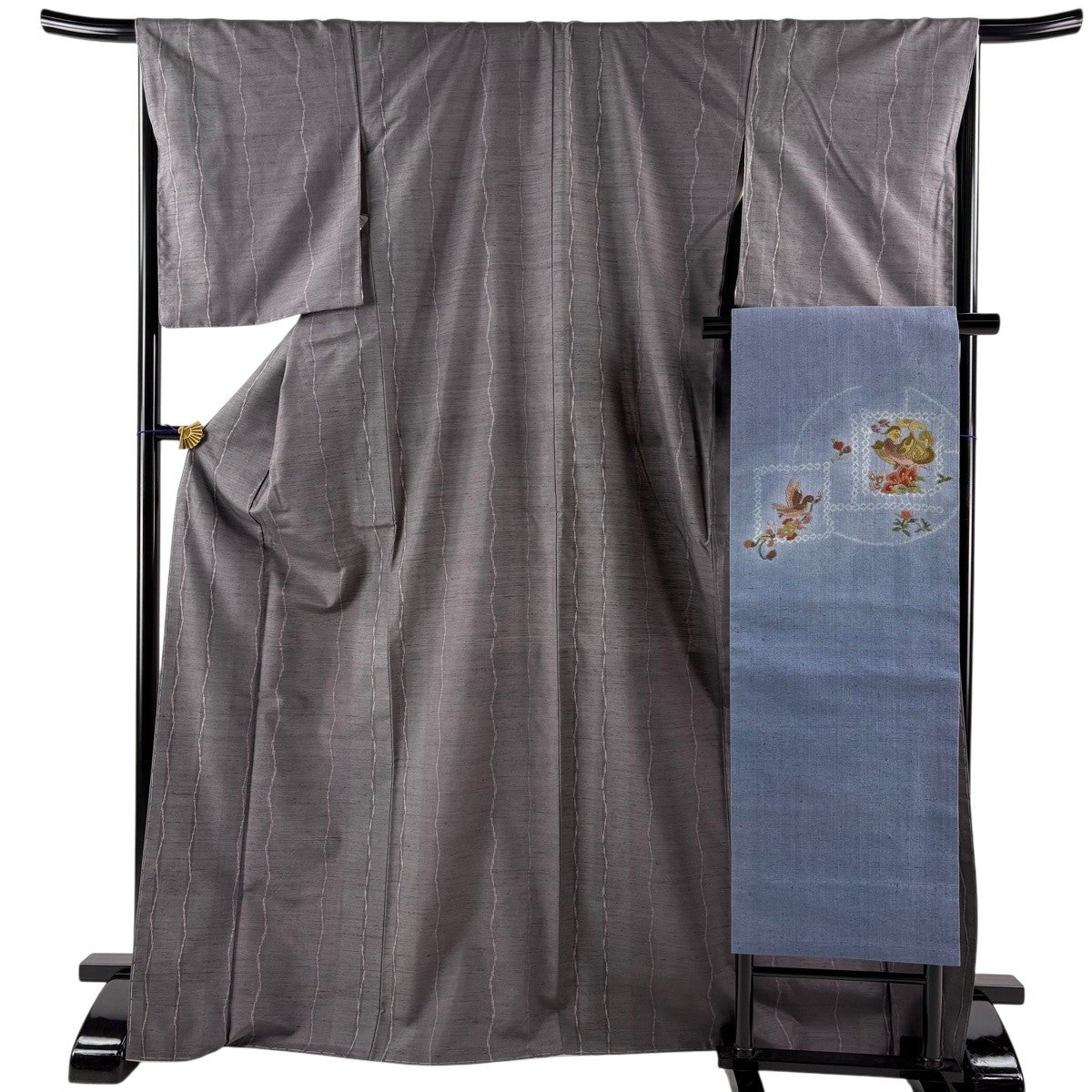 美品】 紬 身丈172cm 裄丈66cm M 袷 名古屋帯セット 縦縞 よろけ縞 灰