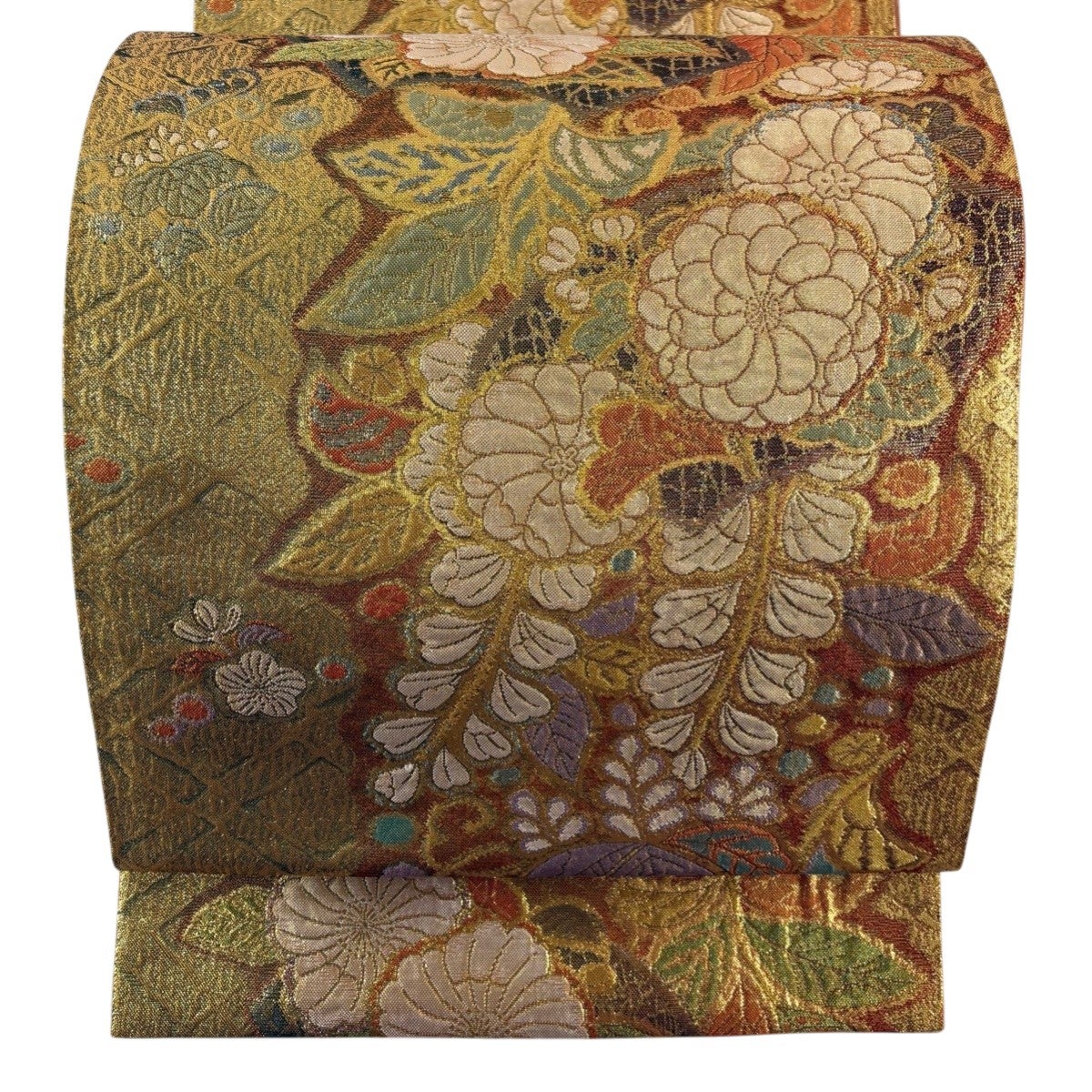 袋帯 お太鼓柄 秀品 草花 正絹｜中古・古着 箔 金糸 薄茶色 鳥 美品