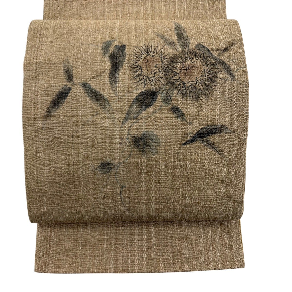 美品】 袋帯 秀品 証紙あり 大島紬地 栗 薄茶色 お太鼓柄 正絹｜中古