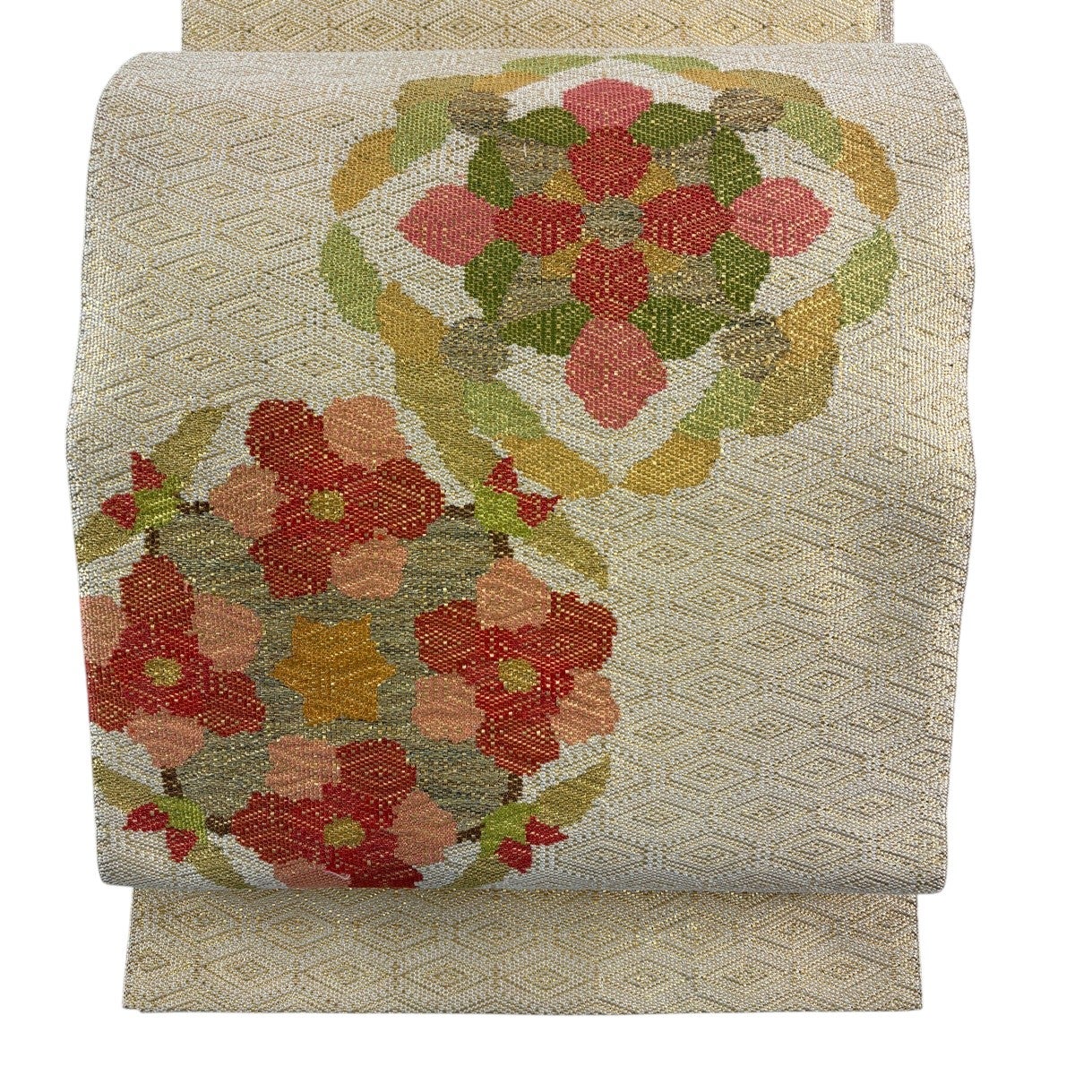 名古屋帯 優品 八寸名古屋帯 松葉仕立て 華文 草花 箔 金色 正絹｜中古