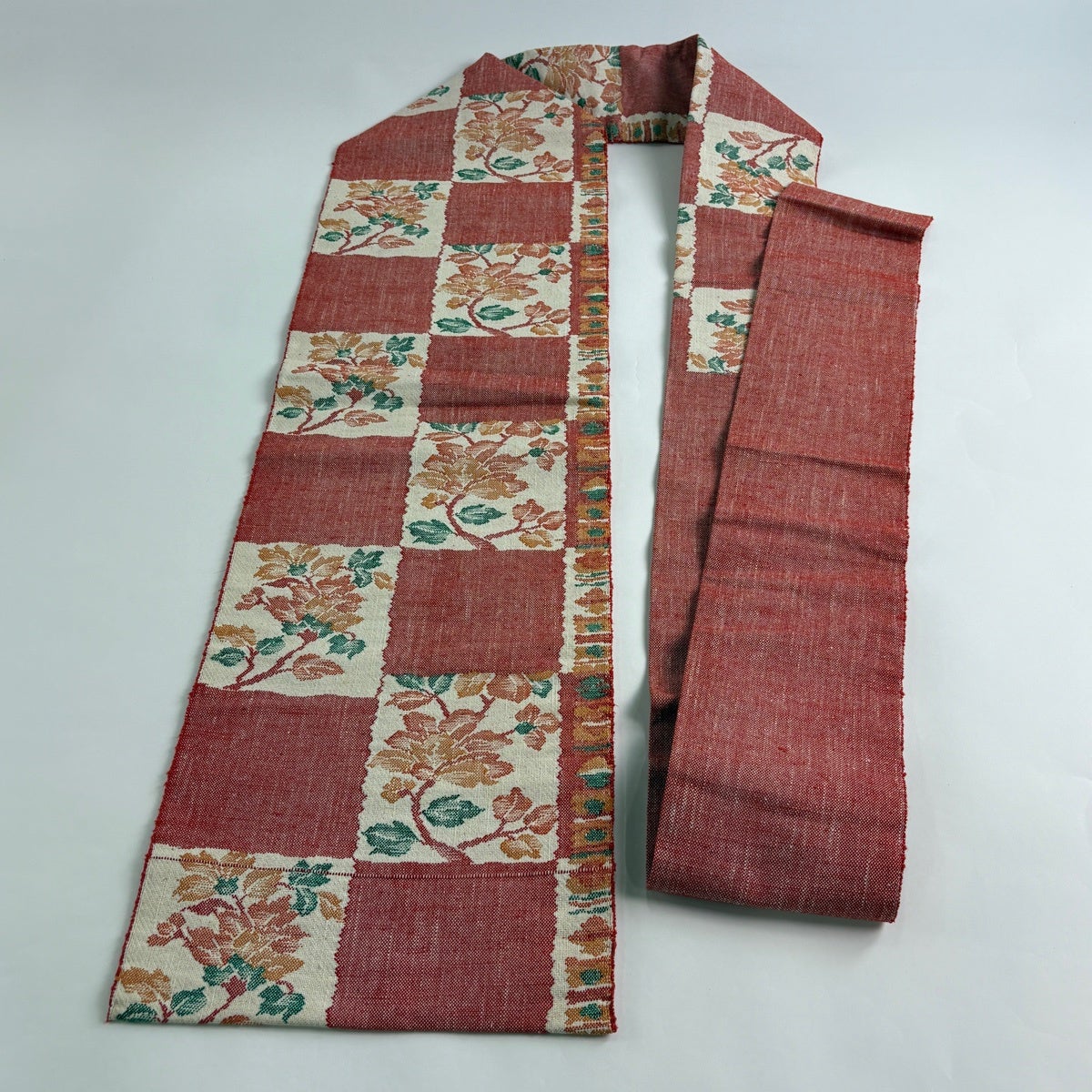 名古屋帯 秀品 紬地 八寸名古屋帯 市松 草花 赤 正絹｜中古・古着
