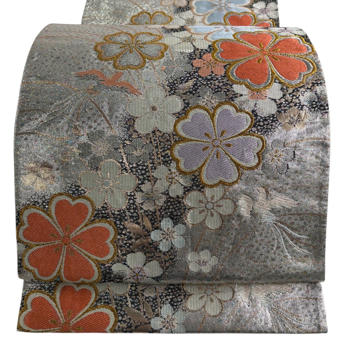 袋帯 秀品 振袖向き 桜 尾長鳥 金銀糸 箔 銀色 六通 正絹｜中古・古着