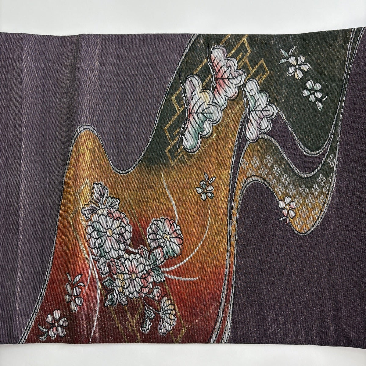 未使用 正絹 袋帯 全通 水面に花筏柄 袋帯 秀品 花筏 流水 箔 紫 お太鼓柄 正絹｜中古・古着・リサイクル