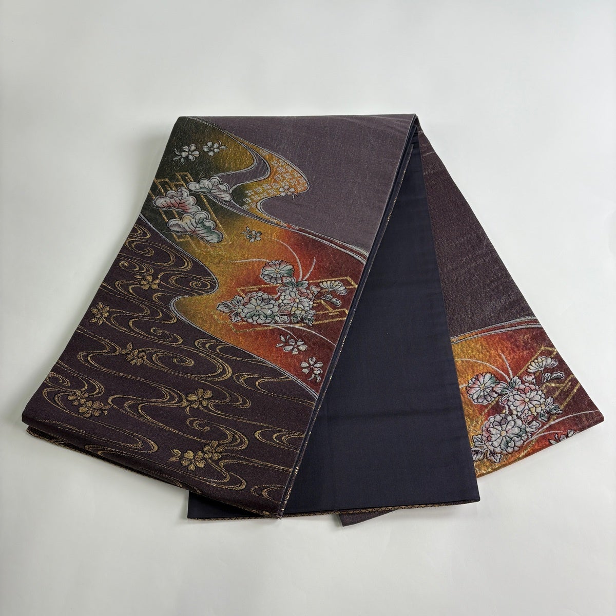 PD133 太鼓柄 刺繡 花籠文様 袋帯 金糸 逸品 袋帯 秀品 花筏 流水 箔 紫 お太鼓柄 正絹｜中古・古着・リサイクル