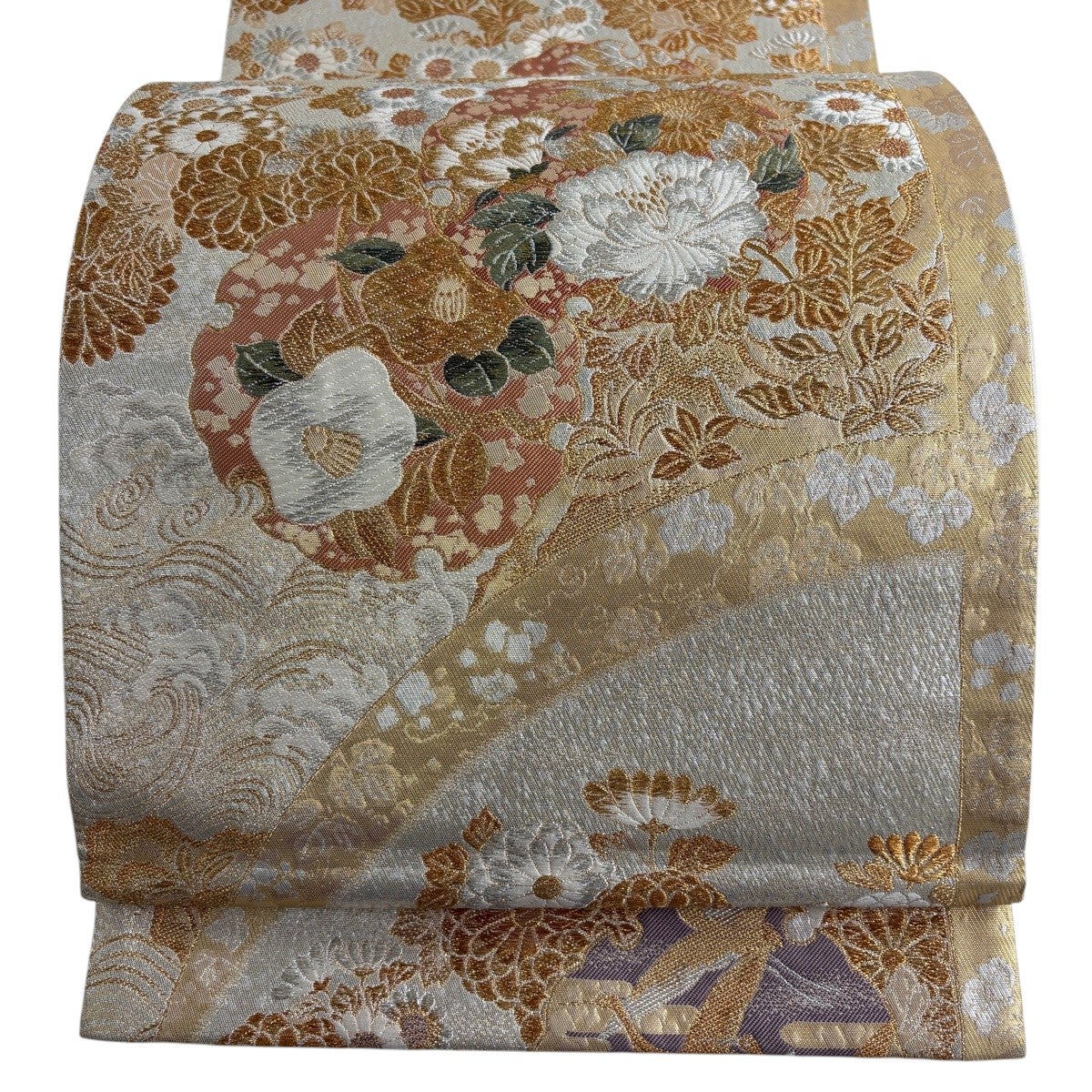 美品】 袋帯 秀品 雪輪 花鳥 金銀糸 箔 金色 六通 正絹｜中古・古着