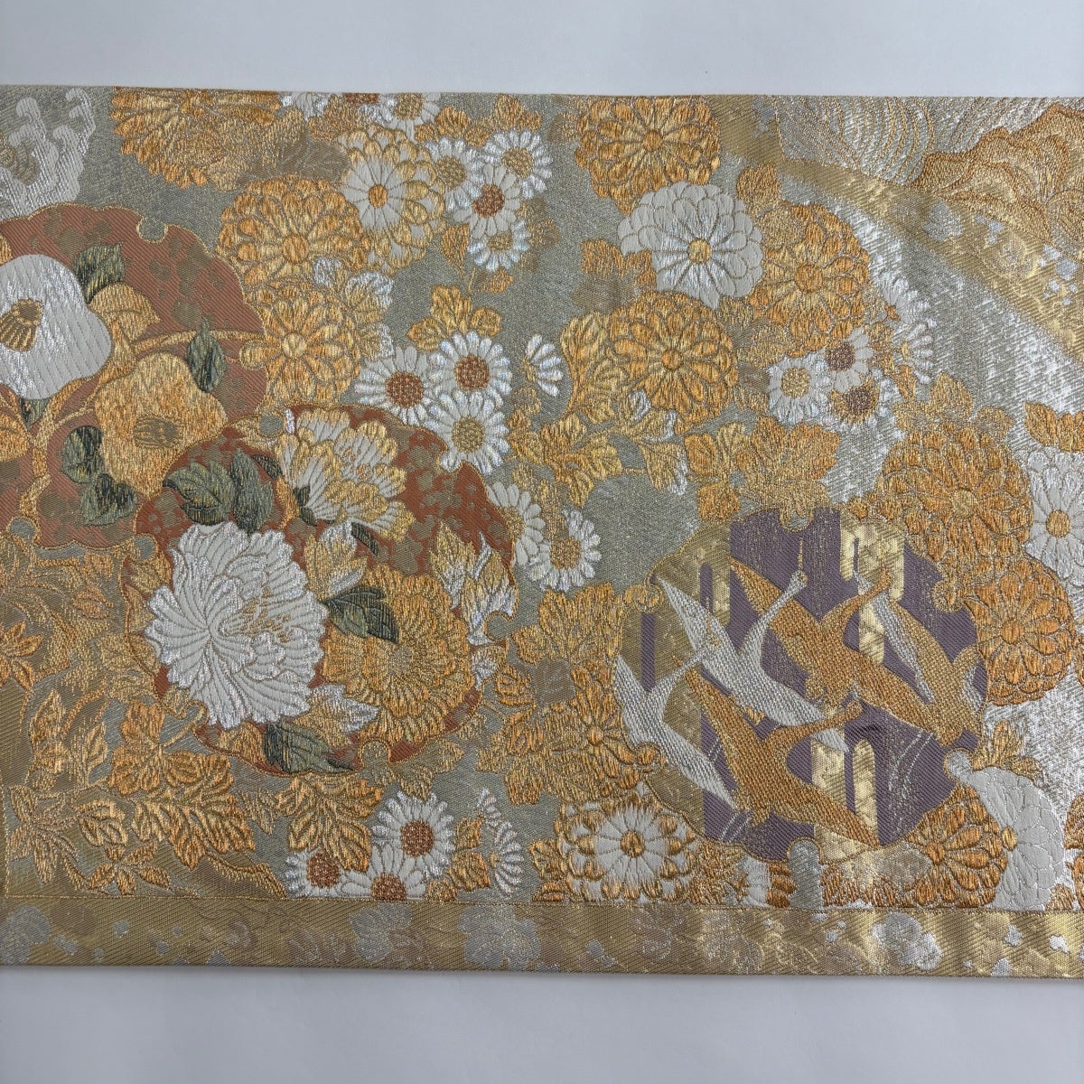 美品】 袋帯 秀品 雪輪 花鳥 金銀糸 箔 金色 六通 正絹｜中古・古着