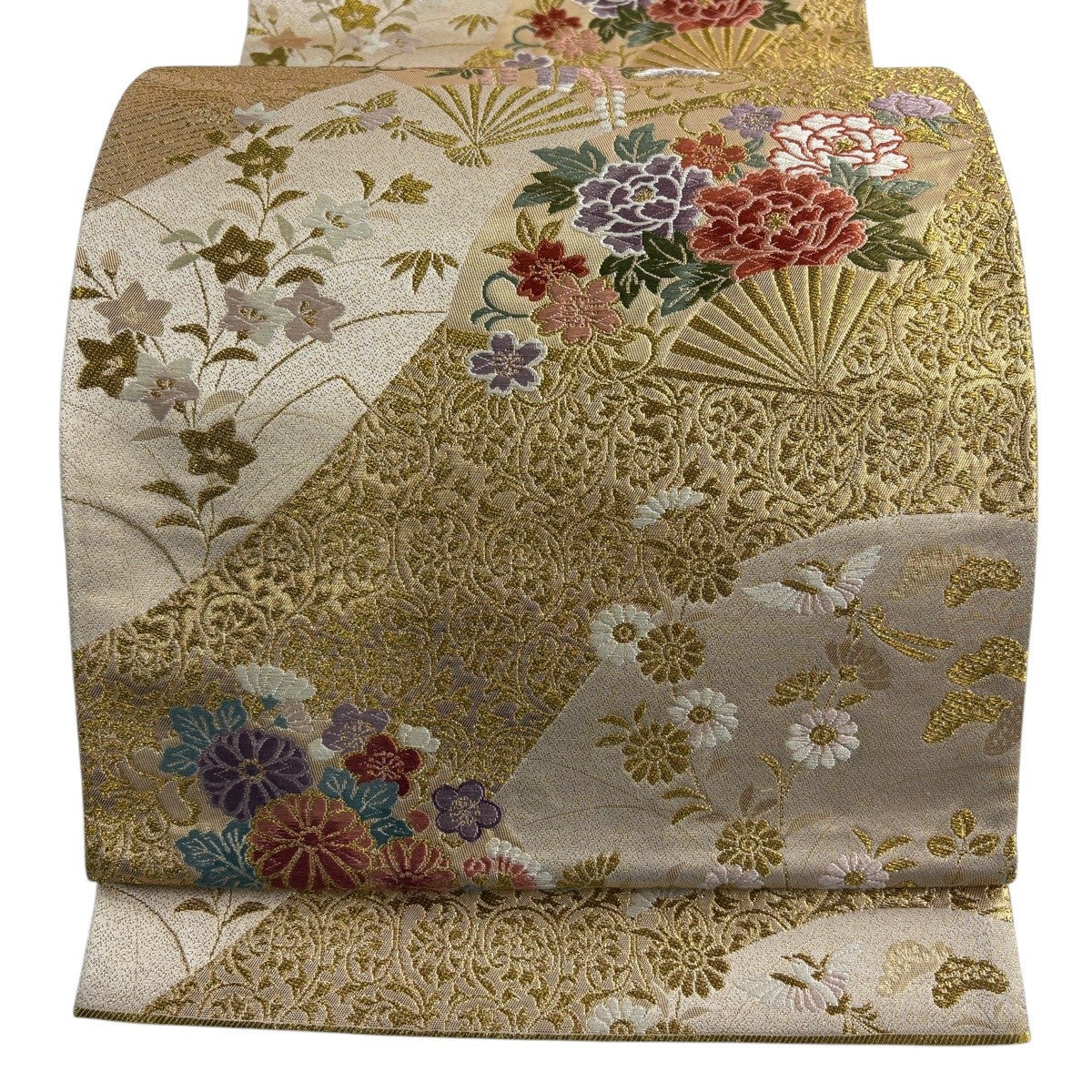 袋帯 秀品 扇 草花 金糸 箔 ベージュ 六通 正絹｜中古・古着