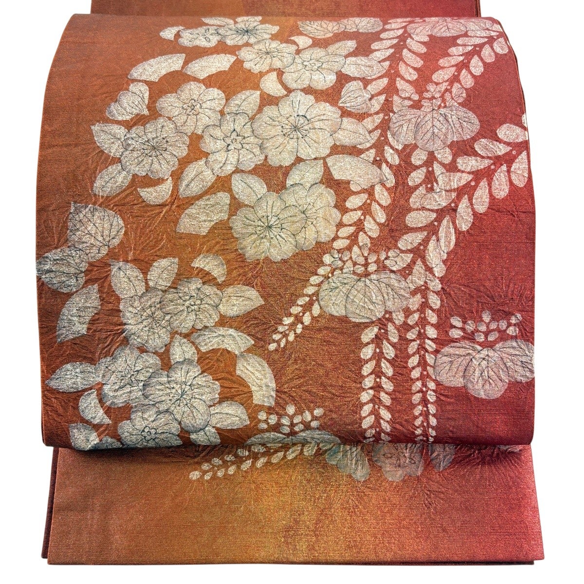 美品】 袋帯 秀品 辻が花柄 金彩 赤茶 お太鼓柄 正絹｜中古・古着