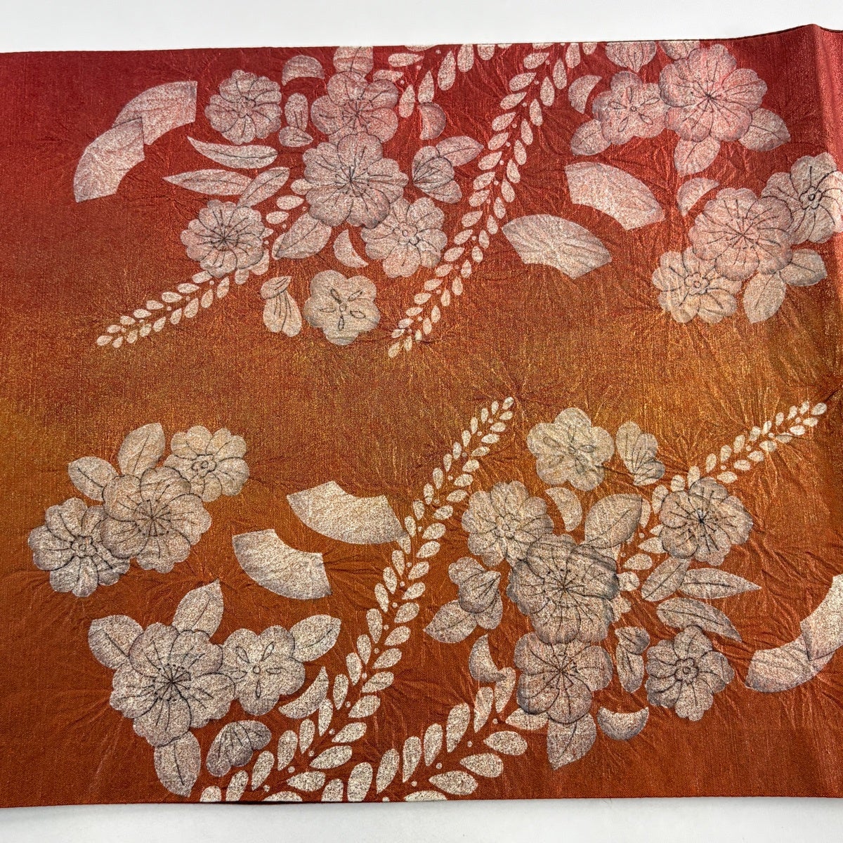 美品】 袋帯 秀品 辻が花柄 金彩 赤茶 お太鼓柄 正絹｜中古・古着