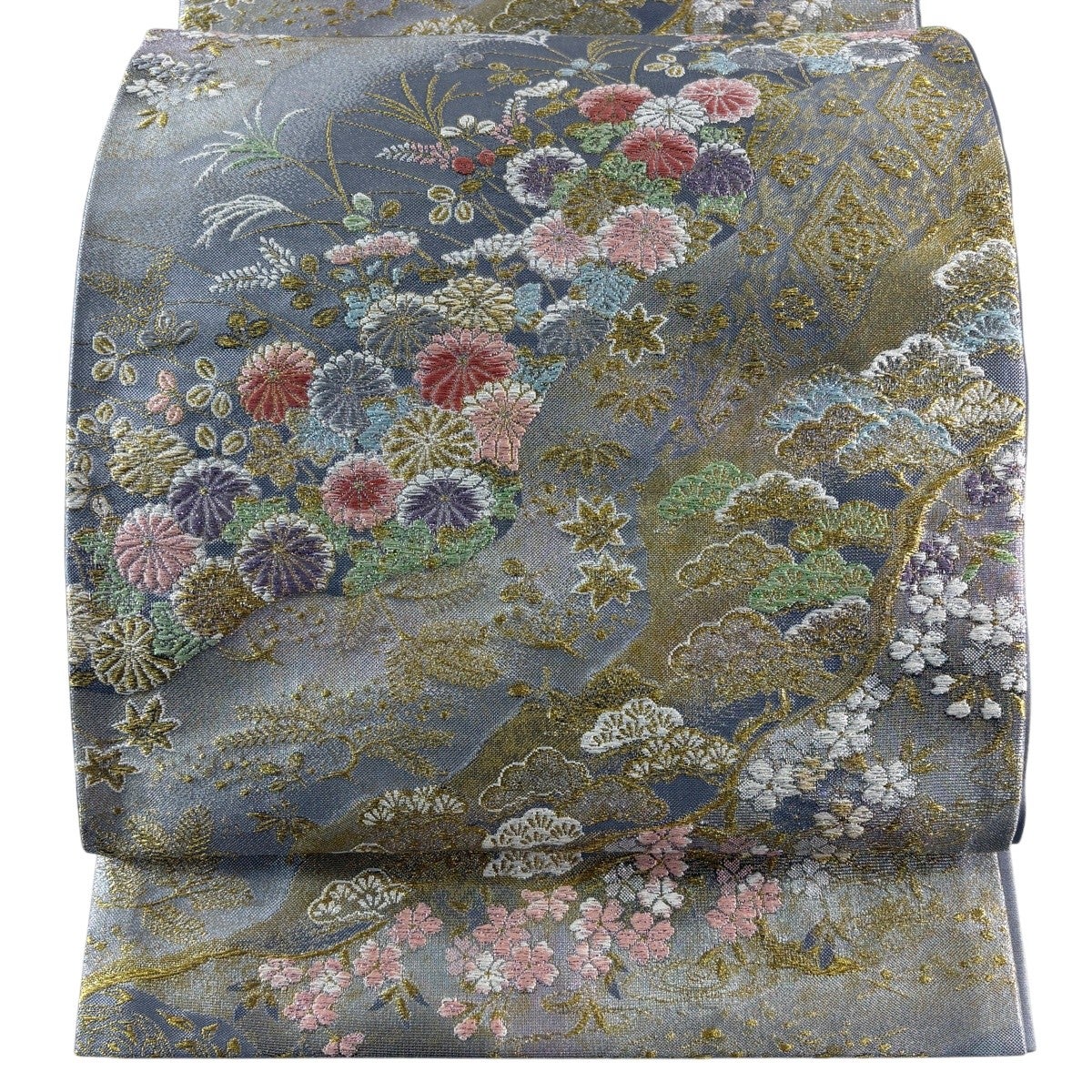 袋帯 【組帯　ひなや】正絹 グレー系 流水文様 美品】 袋帯 秀品 菖蒲 流水 金銀糸 箔 灰紫 六通 正絹｜中古・古着