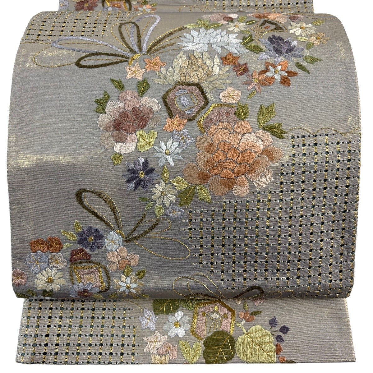 袋帯 逸品 草花 小槌 刺繍 箔 金色 六通 正絹｜中古・古着・リサイクル