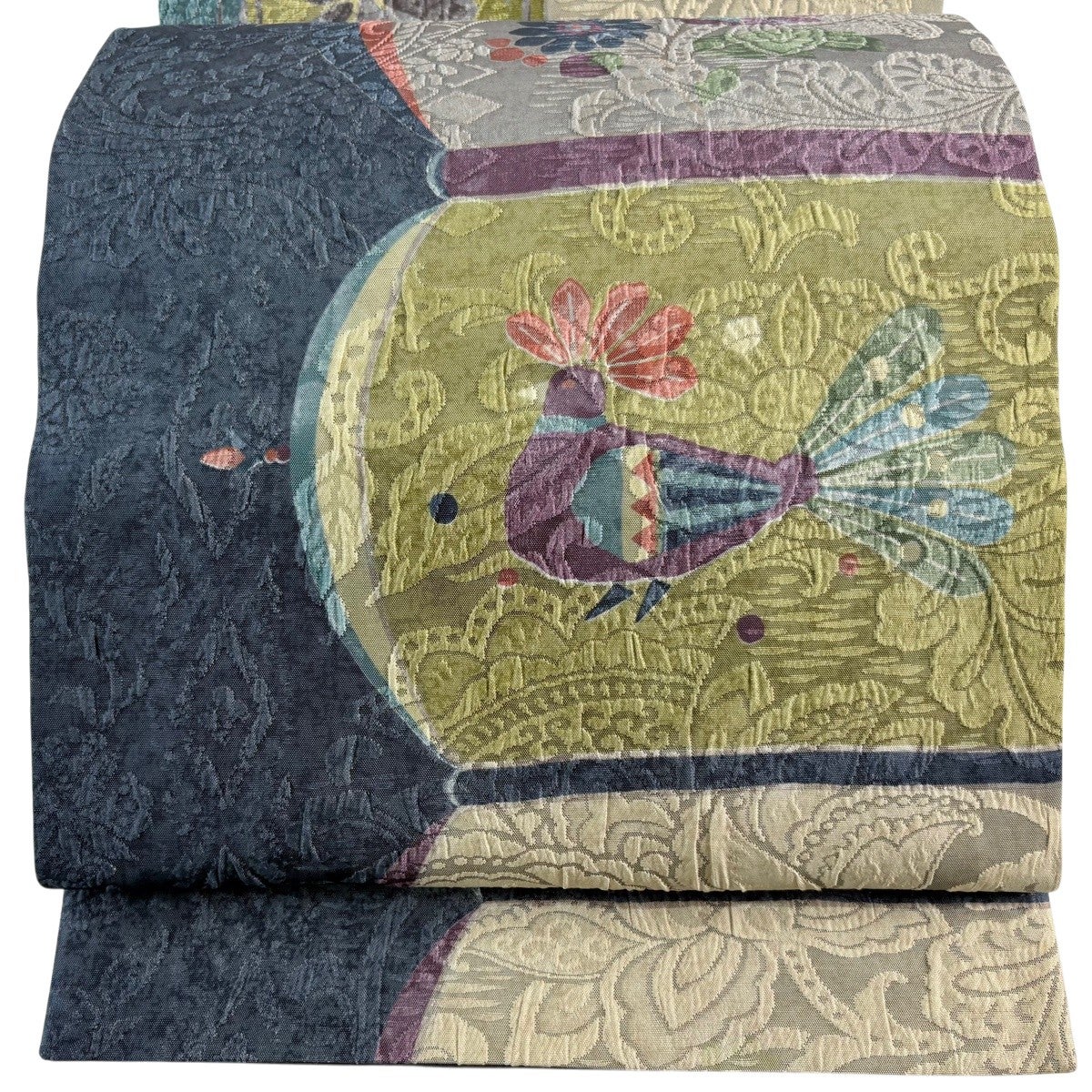 袋名古屋帯 逸品 渡文 落款あり 結楽 鳥 草花 青灰色 正絹｜中古・古着
