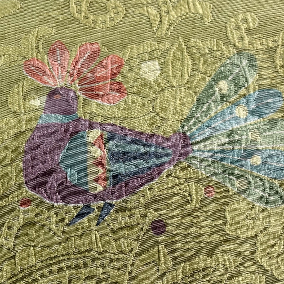 袋名古屋帯 逸品 渡文 落款あり 結楽 鳥 草花 青灰色 正絹｜中古・古着