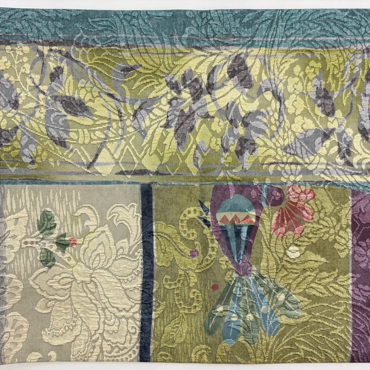 袋名古屋帯 逸品 渡文 落款あり 結楽 鳥 草花 青灰色 正絹｜中古・古着
