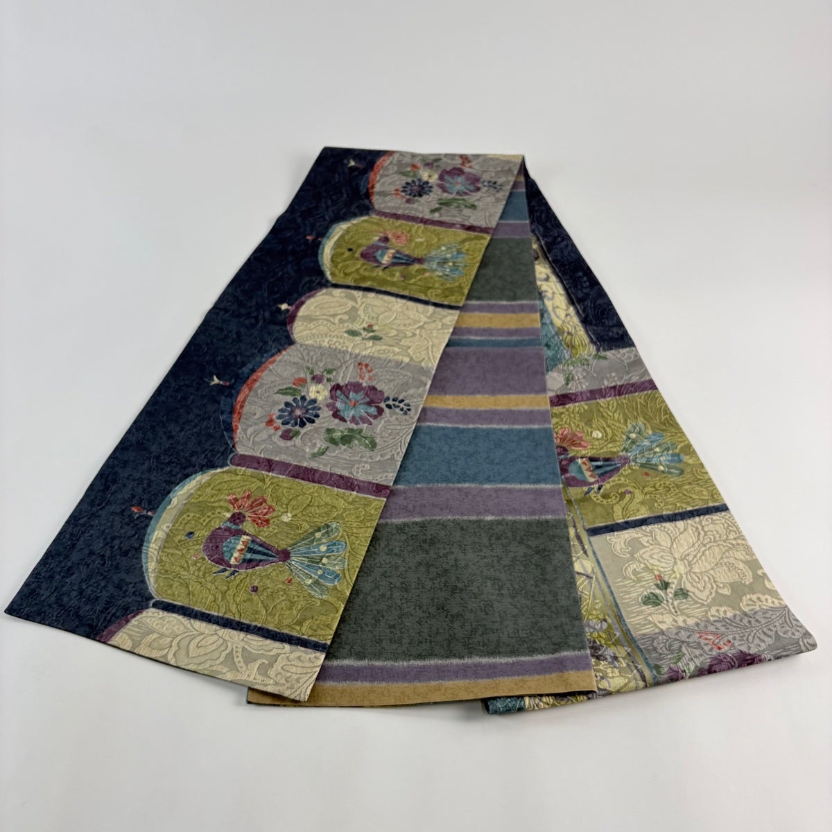 袋名古屋帯 逸品 渡文 落款あり 結楽 鳥 草花 青灰色 正絹｜中古・古着