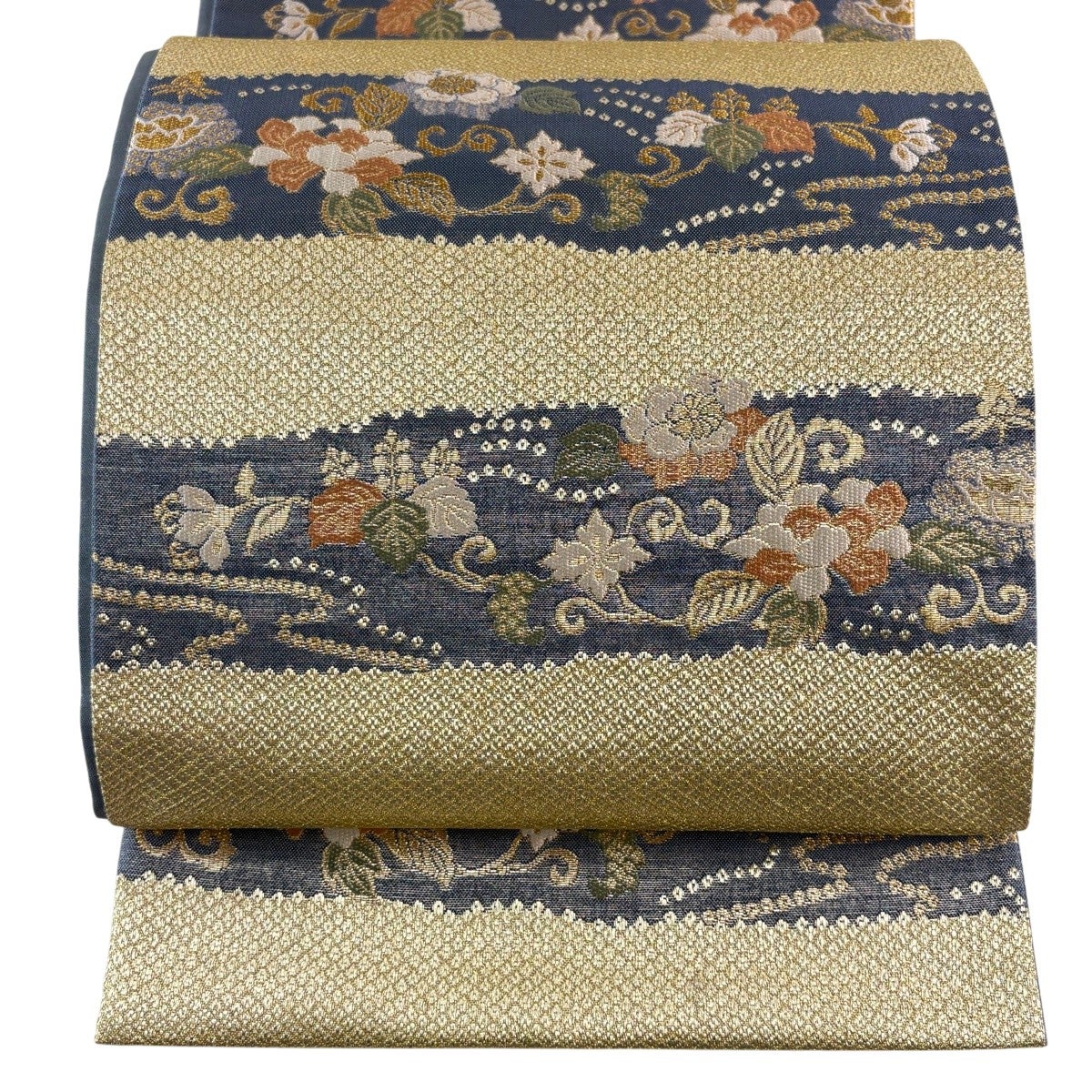美品】 袋帯 秀品 横段 草花 金糸 金色 六通 正絹｜中古・古着