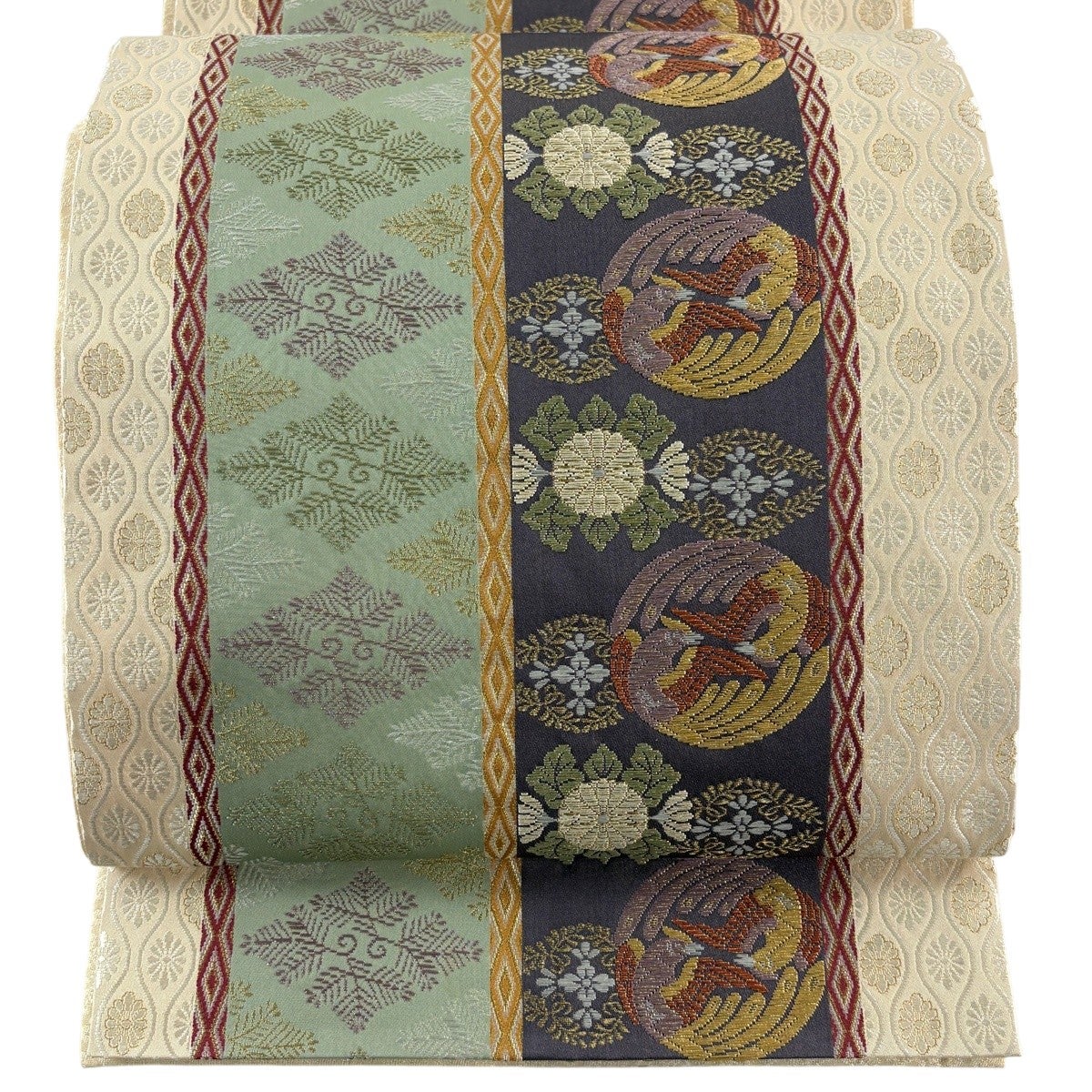 美品】 袋帯 秀品 向かい鳥 華文 金糸 唐織 ベージュ 六通 正絹｜中古