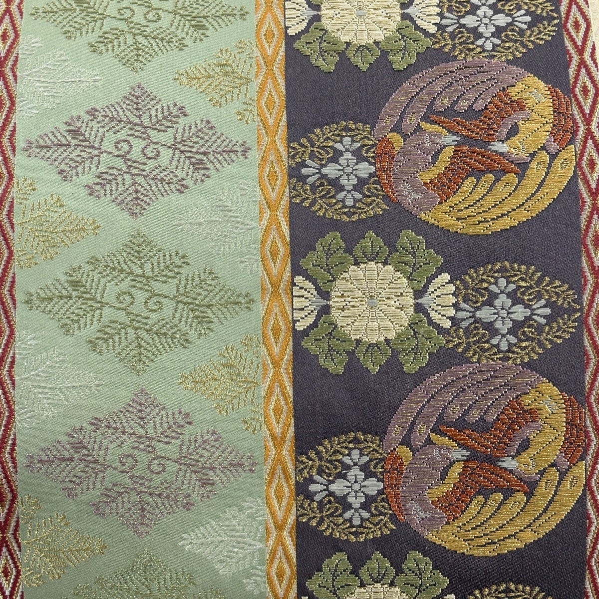 美品】 袋帯 秀品 向かい鳥 華文 金糸 唐織 ベージュ 六通 正絹｜中古