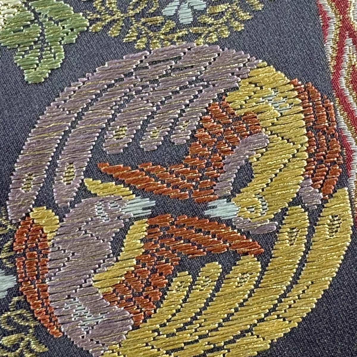 美品】 袋帯 秀品 向かい鳥 華文 金糸 唐織 ベージュ 六通 正絹｜中古