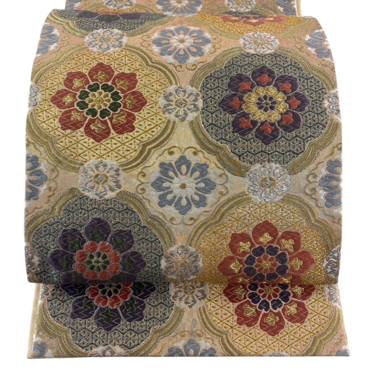 美品】 袋帯 秀品 鈴乃屋 正倉華文 箔 唐織 ベージュ 六通 正絹｜中古