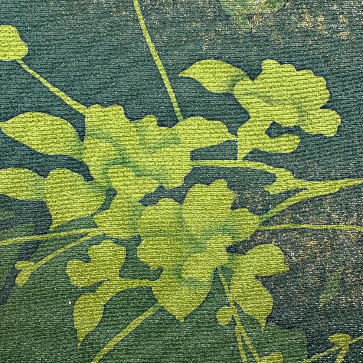 袋帯 名品 丹下雄介 落款あり 草花 シルエット 箔 金彩 緑 お太鼓柄