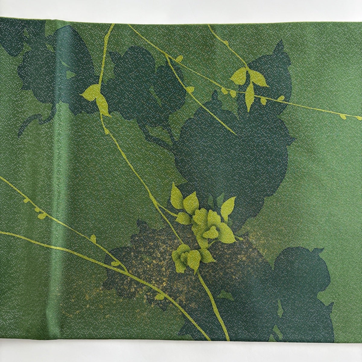 袋帯 名品 丹下雄介 落款あり 草花 シルエット 箔 金彩 緑 お太鼓柄