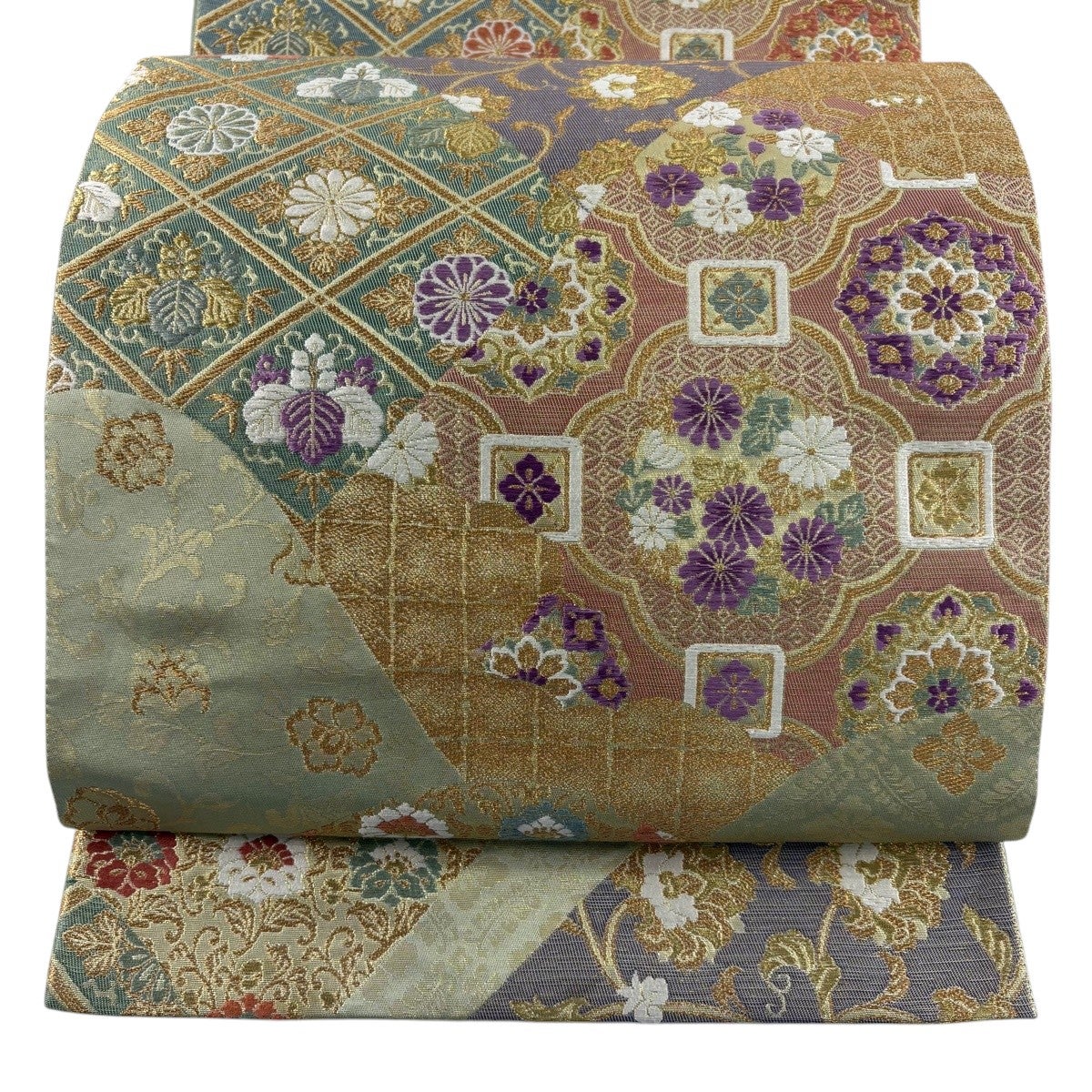 逸品 明綴れ 正絹袋帯 華文 華唐草 金銀糸 お太鼓柄 6月単衣にもお勧め 美品】 袋帯 名品 じゅらく 落款あり 春秋祥華文 草花 花唐草 唐織