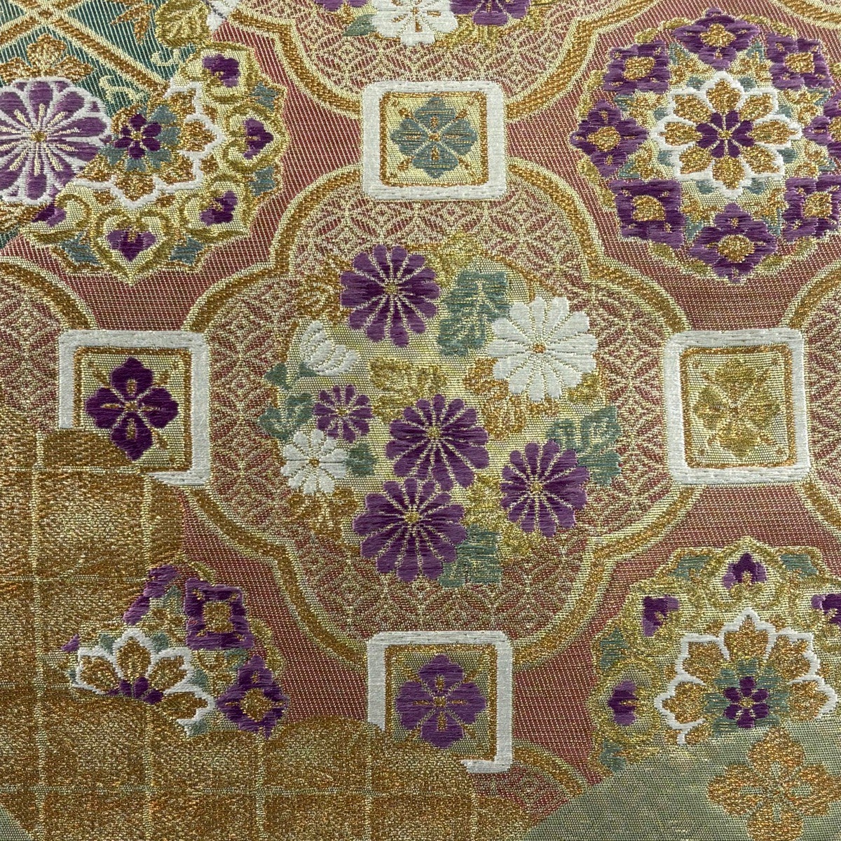 美品】 袋帯 名品 じゅらく 落款あり 春秋祥華文 草花 花唐草 唐織