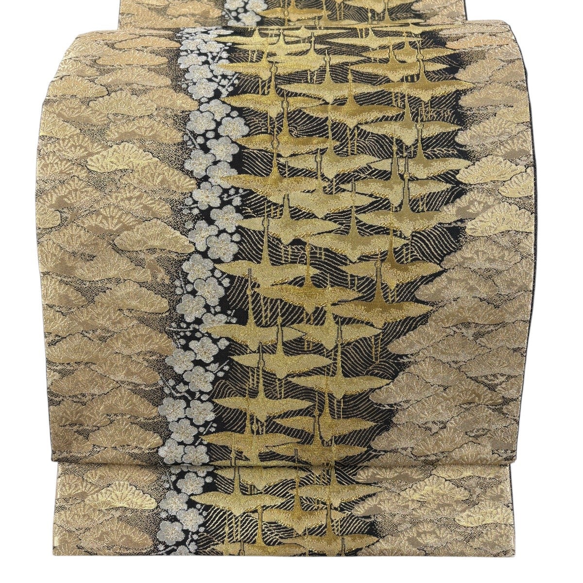 美品】 袋帯 逸品 落款あり 篠屋宗兵衛 鶴 松梅 金銀糸 箔 墨色 六通