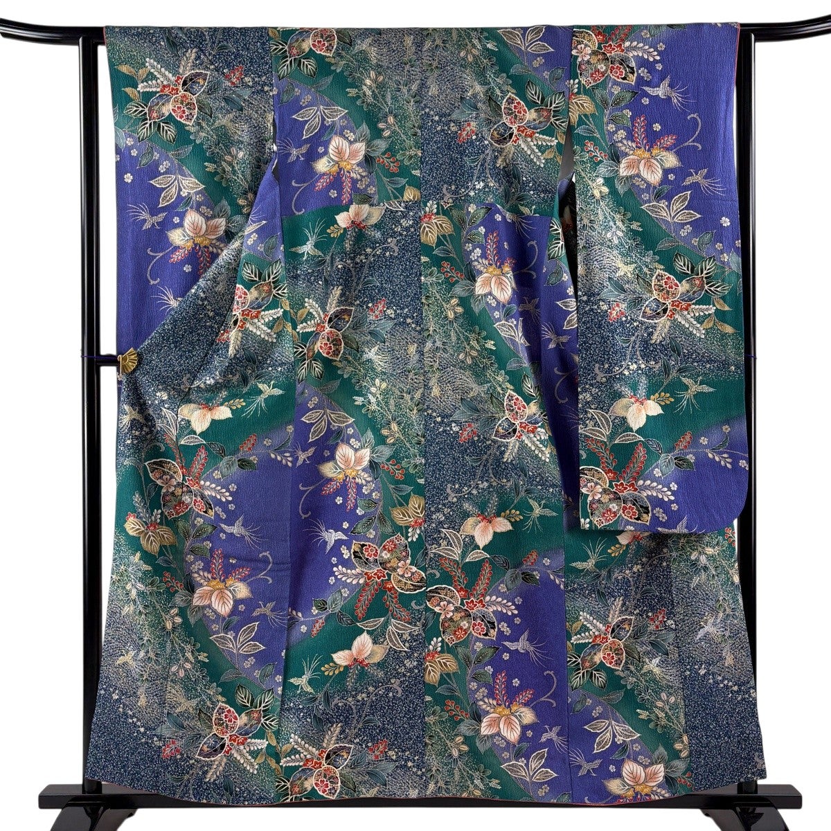 振袖 身丈158cm 裄丈62cm S 袷 草花 鳥 金銀彩 染め分け 緑 正絹 優品