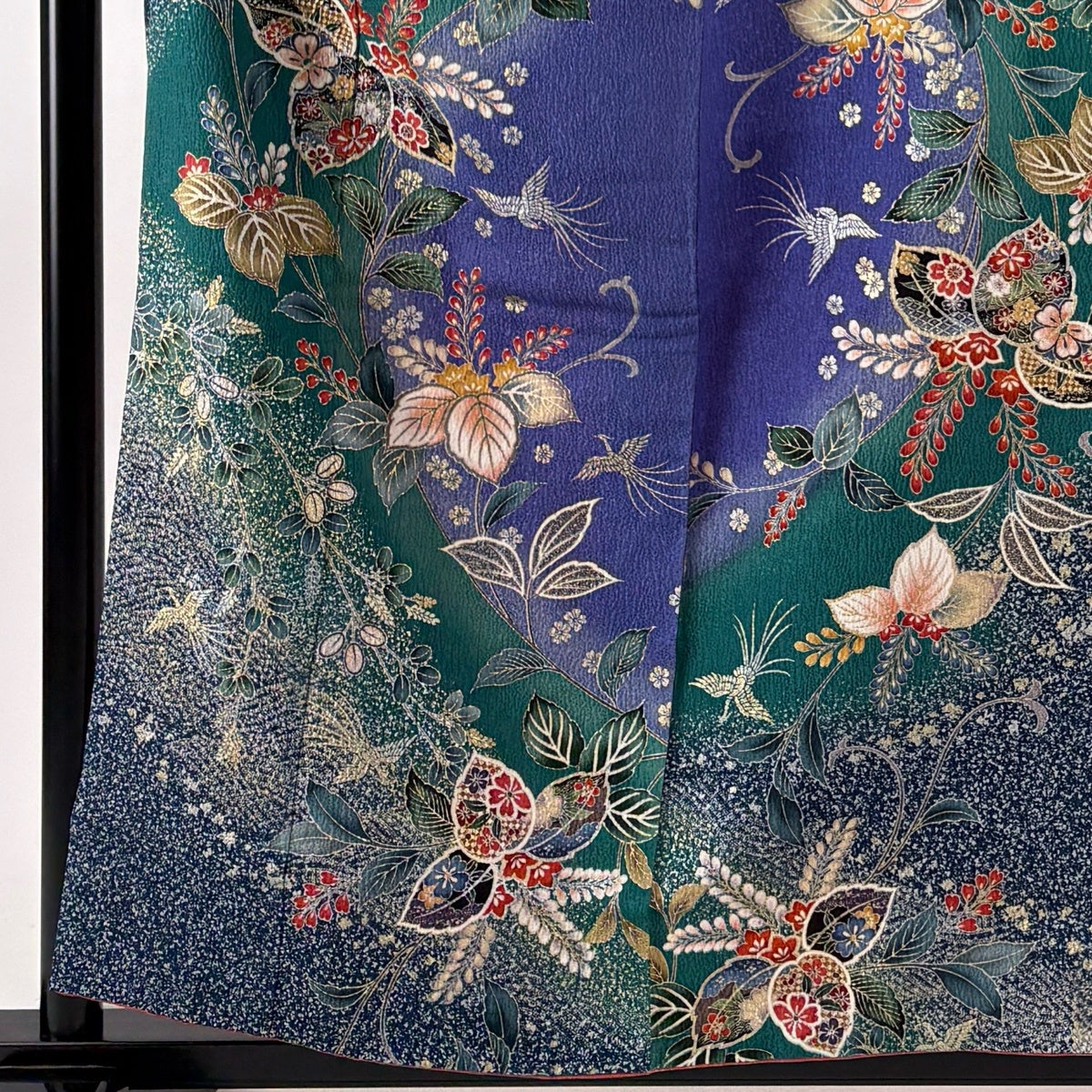 振袖 身丈158cm 裄丈62cm S 袷 草花 鳥 金銀彩 染め分け 緑 正絹 優品