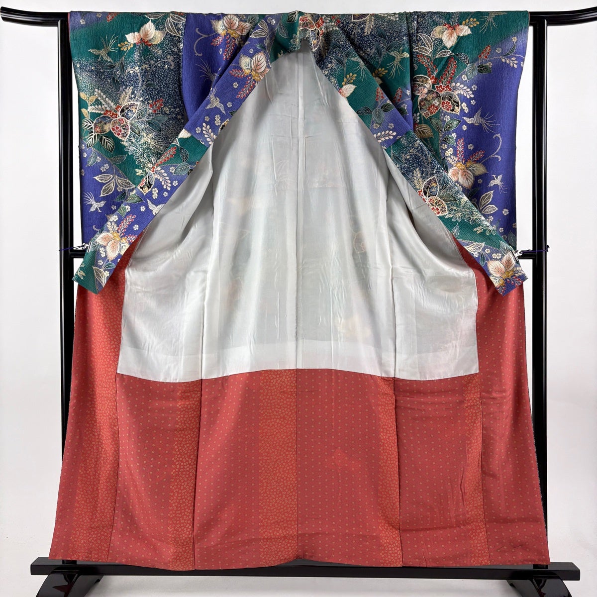 振袖 身丈158cm 裄丈62cm S 袷 草花 鳥 金銀彩 染め分け 緑 正絹 優品