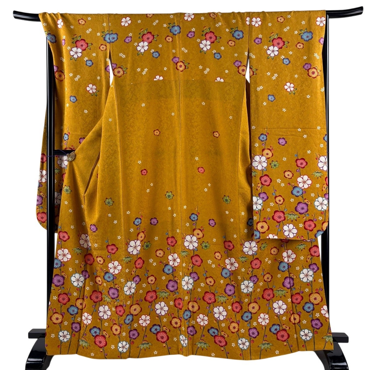 美品】 振袖 身丈158cm 裄丈64.5cm M 袷 鶴 梅 縮緬 山吹色 正絹 秀品