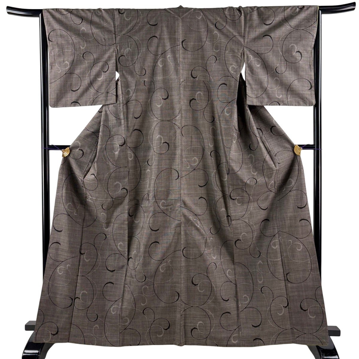 紬 身丈161cm 裄丈65cm M 袷 葉柄 唐草 焦茶色 正絹 秀品｜中古・古着