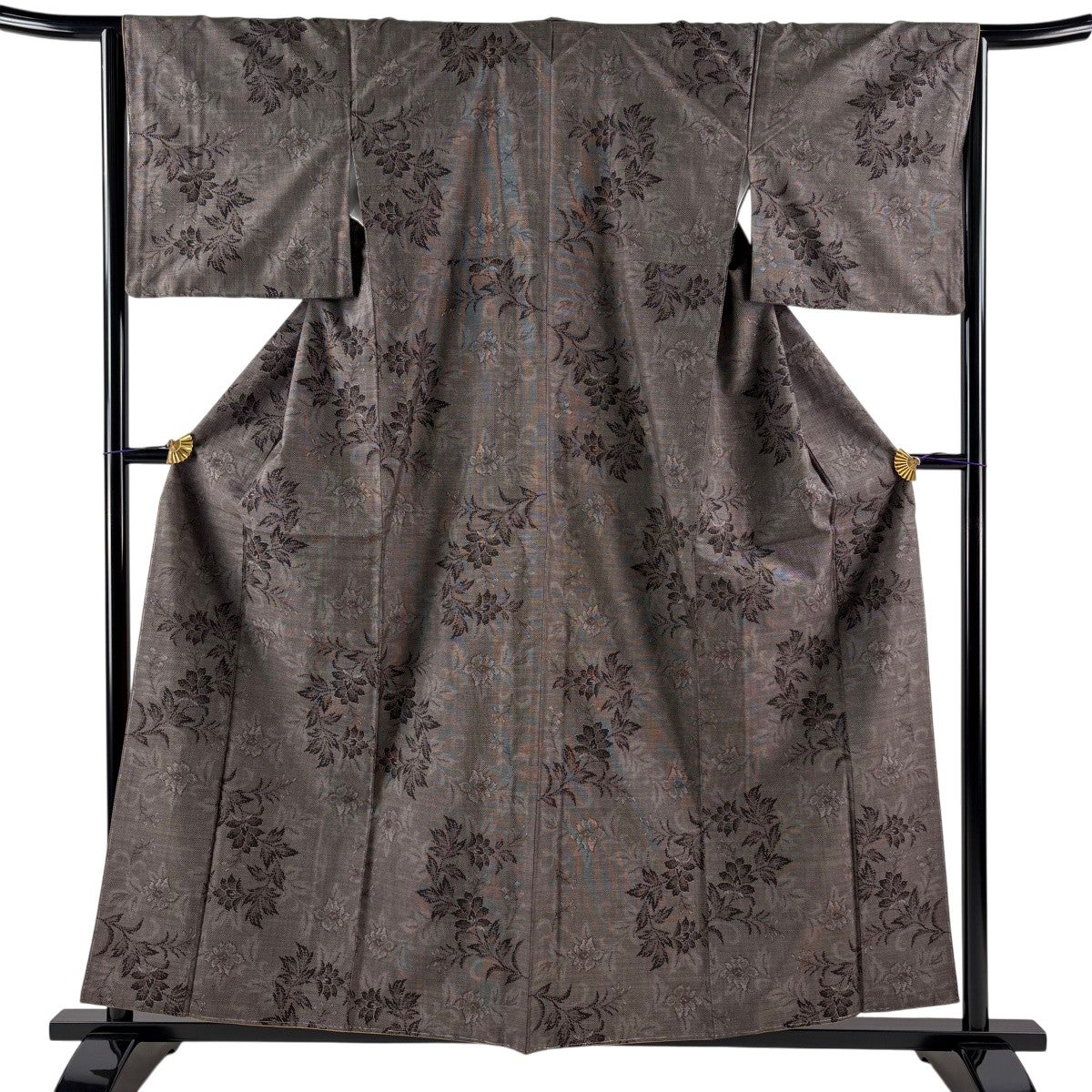 紬 身丈155cm 裄丈64cm M 袷 やまと 草花 よろけ縞 焦茶色 正絹 秀品