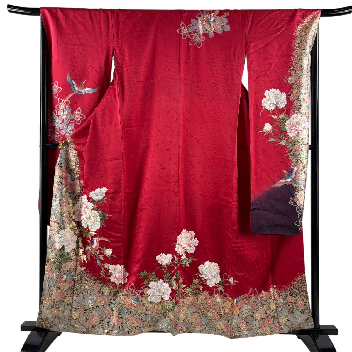 美品】 振袖 身丈169cm 裄丈68cm L 袷 桜 地紋 金彩 赤 正絹 名品 【