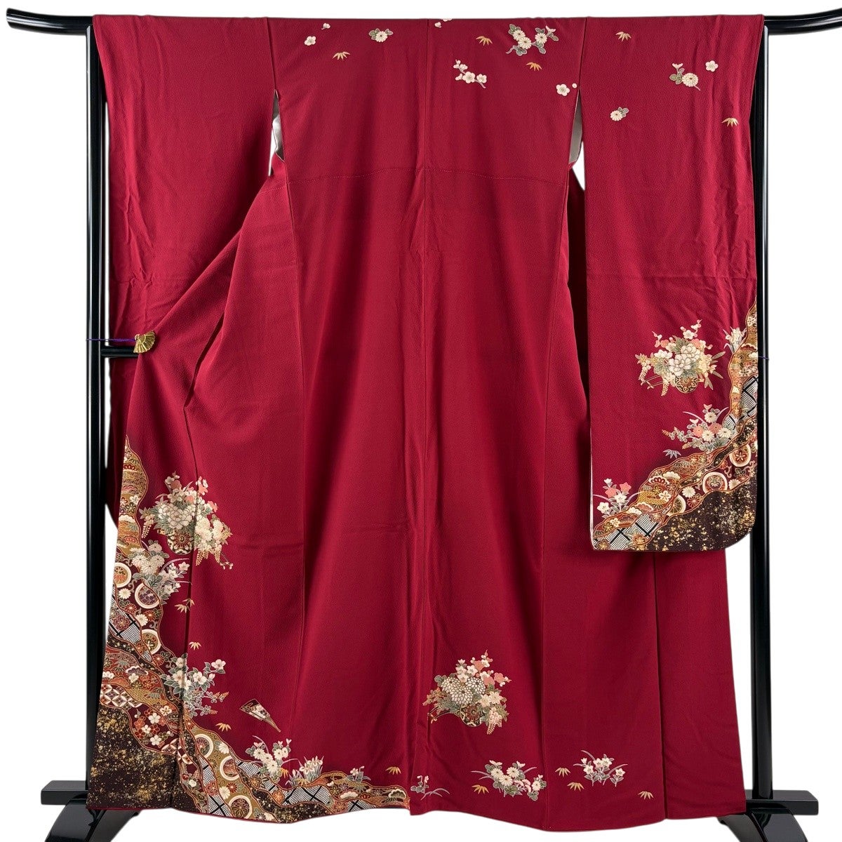 美品】 振袖 身丈160.5cm 裄丈62cm S 袷 花車 波 金通し 金彩 黒 正絹 