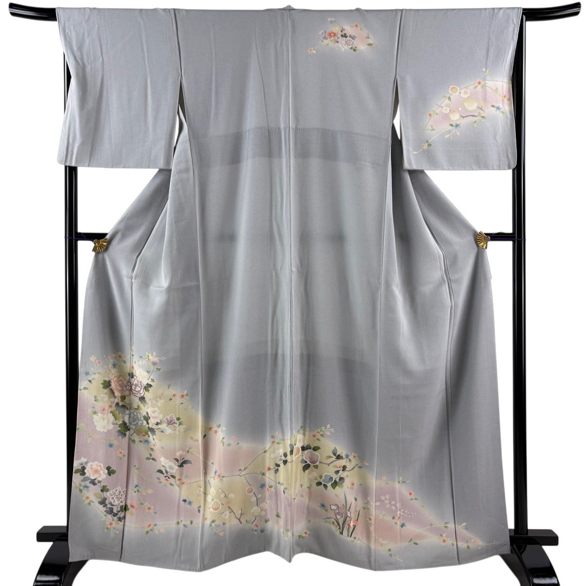 chino様正絹単衣小紋　グレー草花柄 シック、粋っぽい、裏黒地 訪問着 身丈162.5cm 裄丈64.5cm M 袷 草花 霞 ぼかし 青灰色 正絹 名品