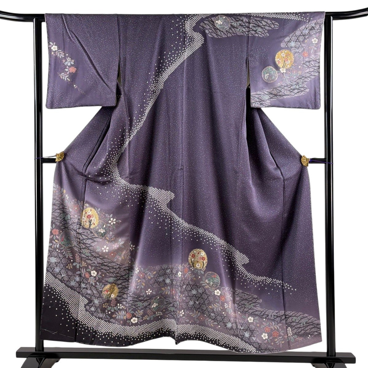 美品】 訪問着 身丈154cm 裄丈62.5cm S 袷 菱 縞 金糸 焦茶色 正絹