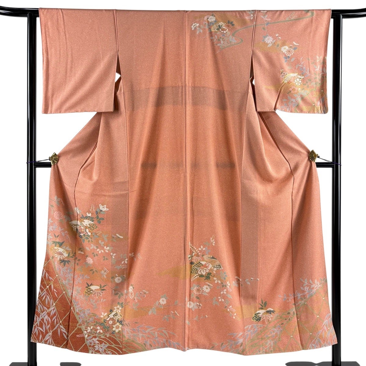 美品】 訪問着 身丈151cm 裄丈61cm S 袷 橘 扇面 ぼかし サーモン