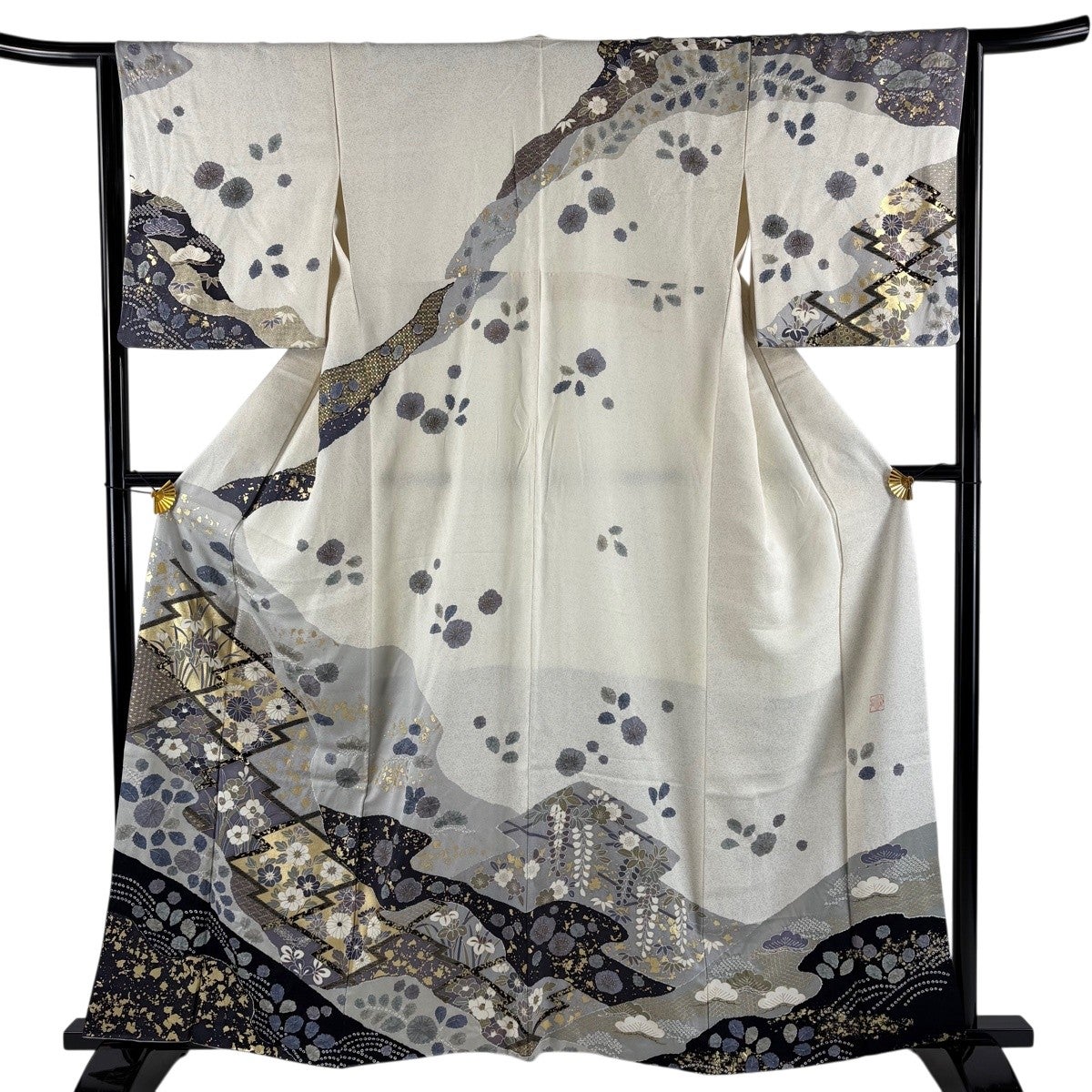訪問着 身丈161.5cm 裄丈64.5cm M 袷 落款あり 松川菱 草花 金彩 絞り