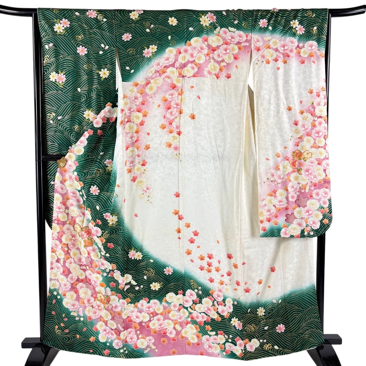 振袖 身丈161cm 裄丈65.5cm M 袷 桜 波頭 金糸 金彩 緑 正絹 秀品
