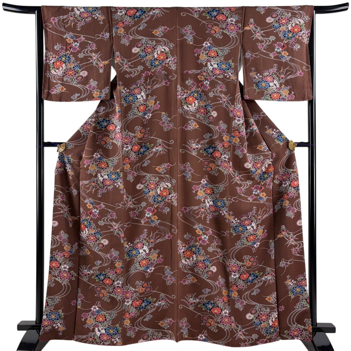 小紋 身丈163.5cm 裄丈65cm M 袷 草花 蝶 縮緬 茶色 正絹 秀品｜中古