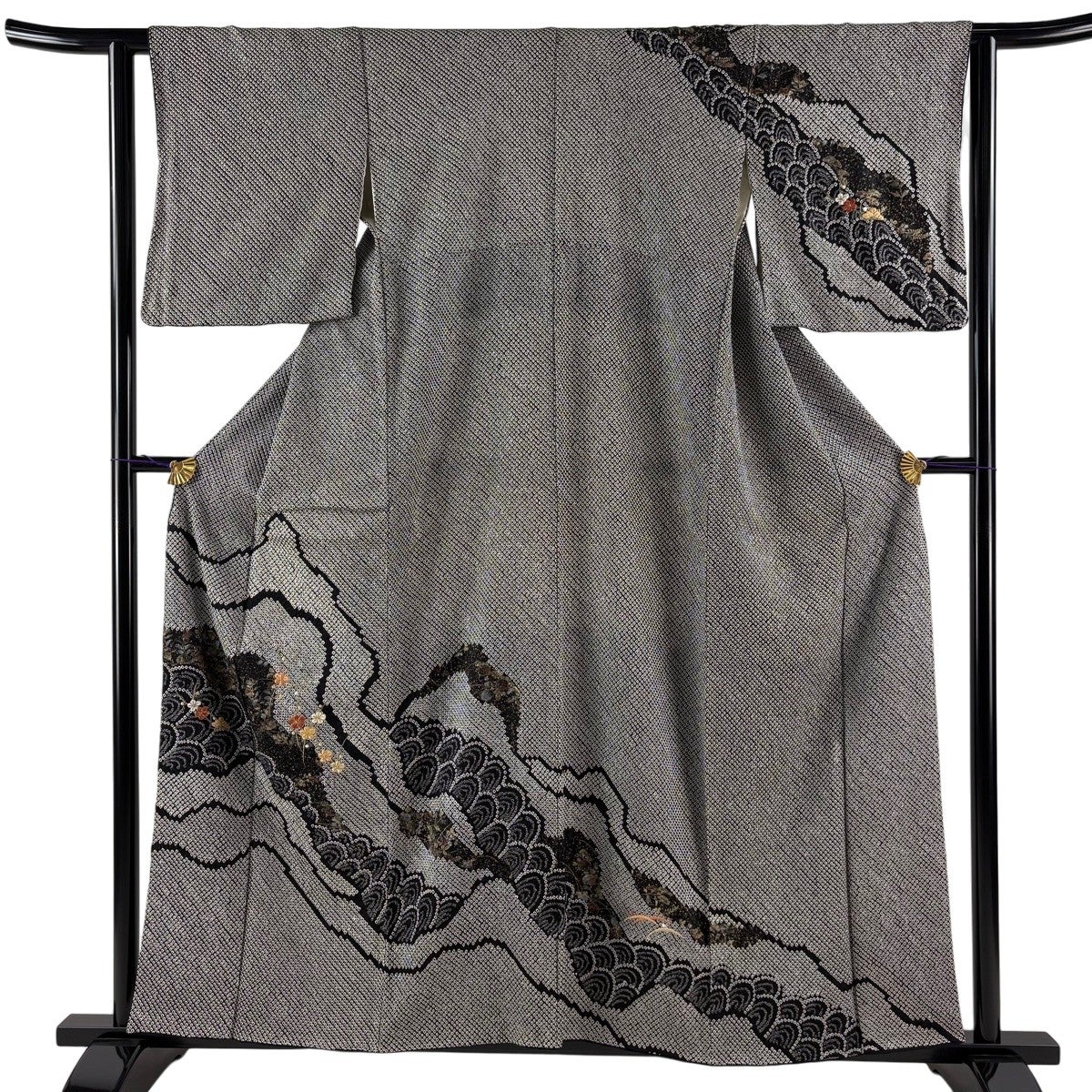 美品】 訪問着 身丈154cm 裄丈61cm S 袷 菊 松竹梅 金彩 絞り 黒 正絹