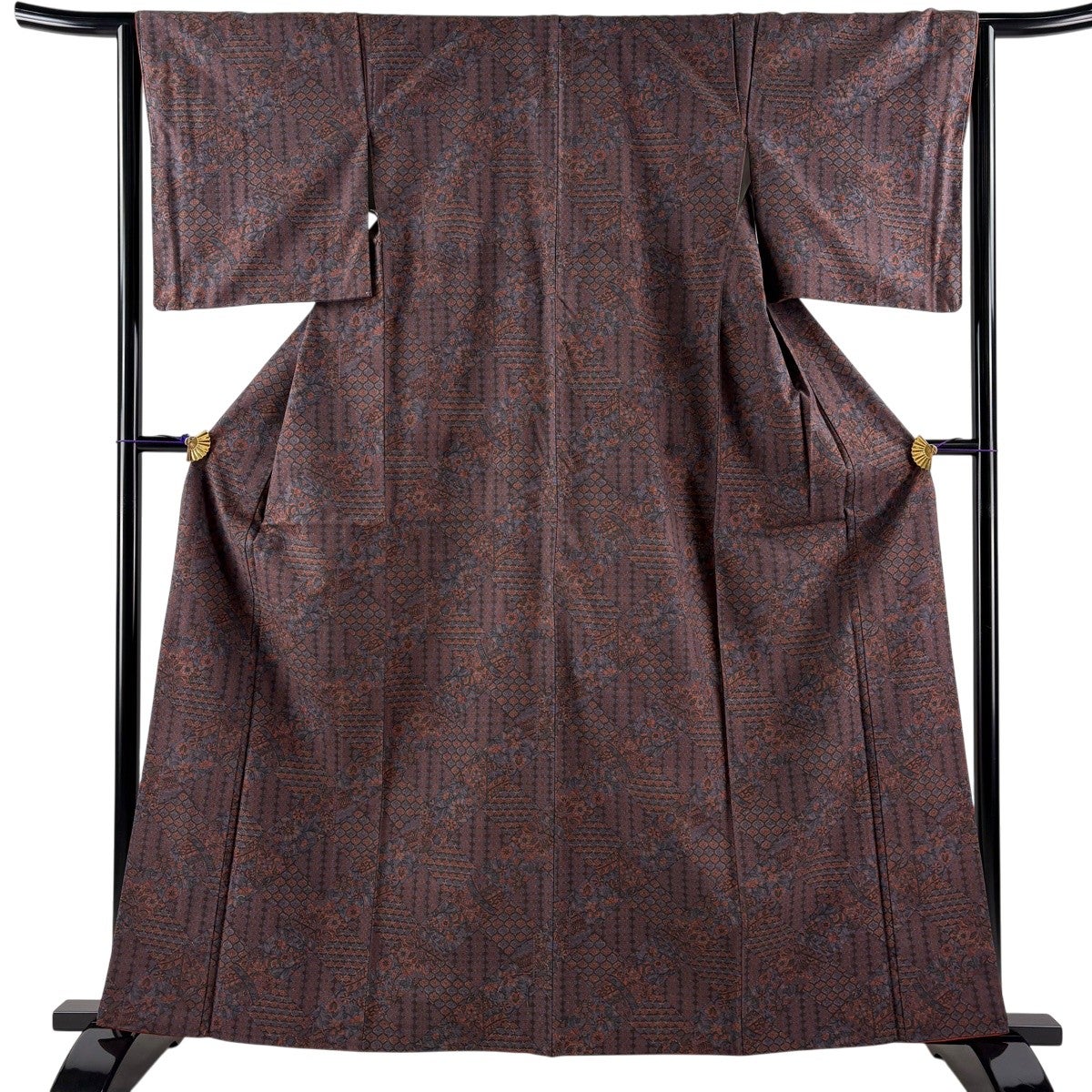 美品】 小紋 身丈158cm 裄丈64cm M 袷 紬地 草花 鳥 茶色 正絹 秀品