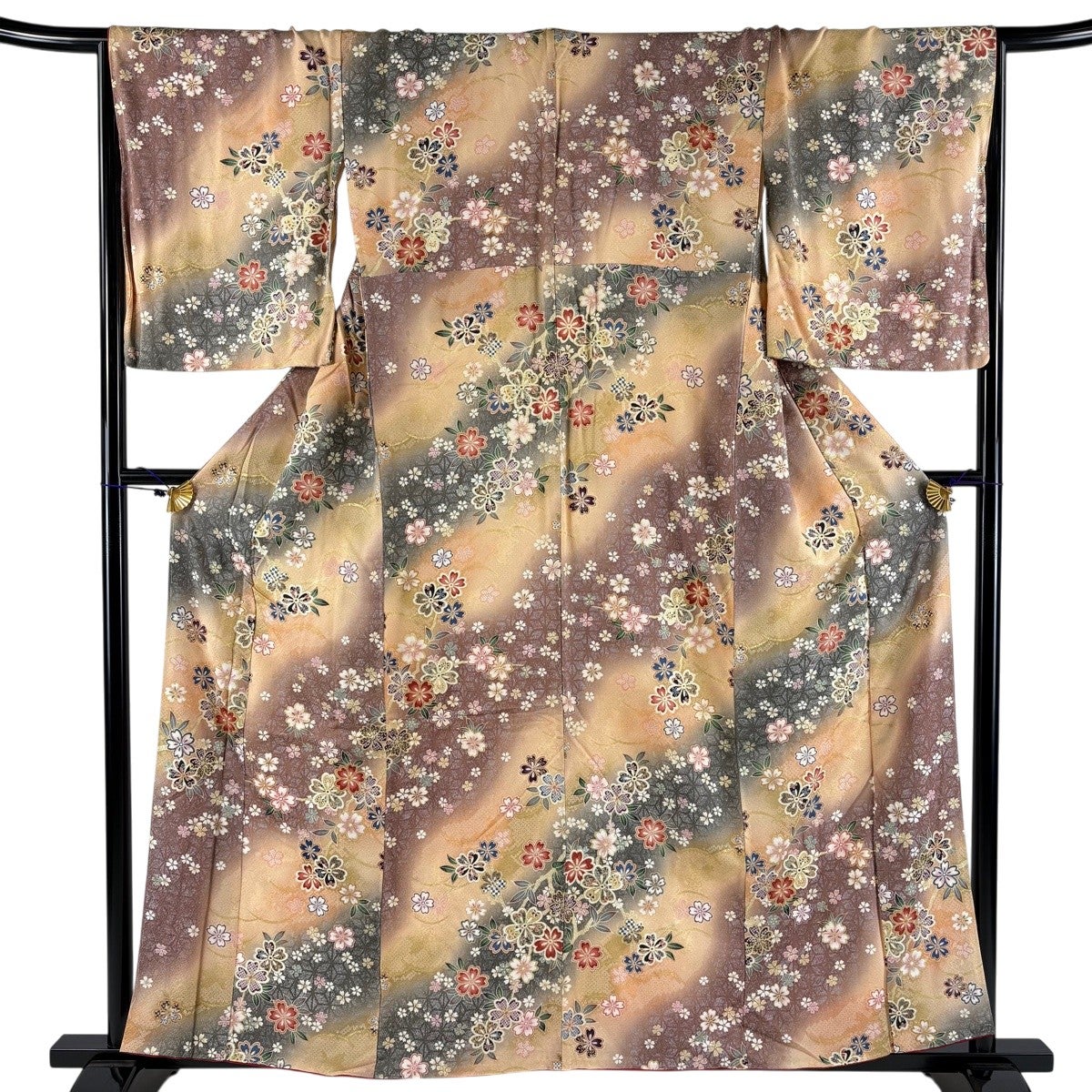 小紋 身丈158cm 裄丈67.5cm L 袷 桜 疋田 金彩 ぼかし 灰紫 正絹 優品
