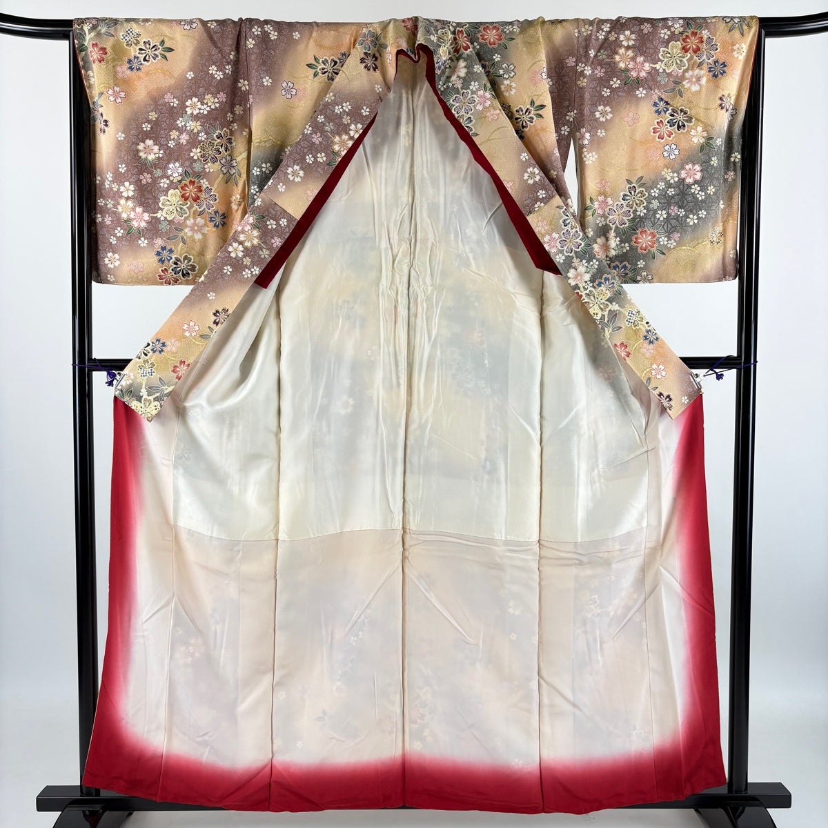 小紋 身丈158cm 裄丈67.5cm L 袷 桜 疋田 金彩 ぼかし 灰紫 正絹 優品