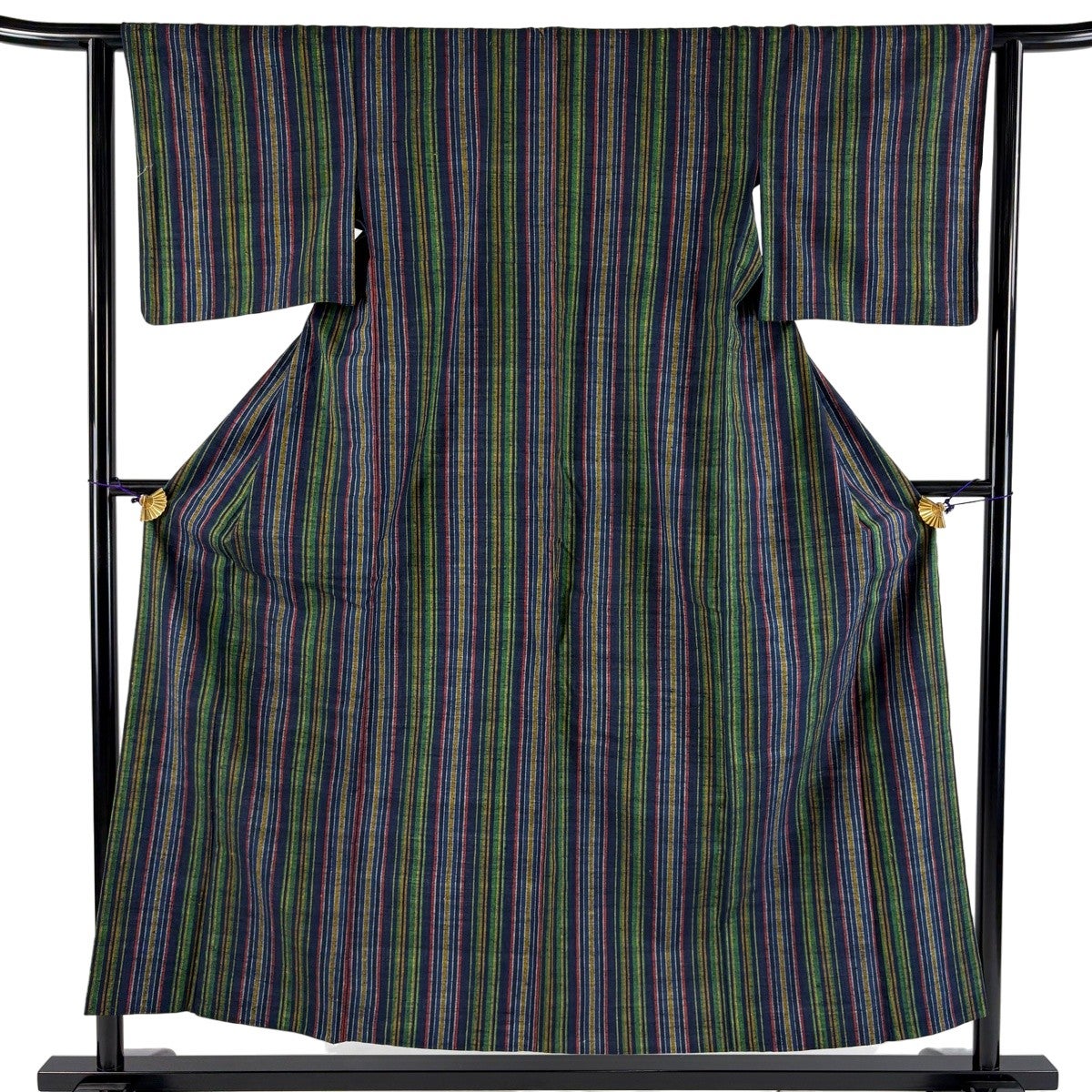 美品】 紬 身丈165.5cm 裄丈64cm M 単衣 草花 縞 灰紫 正絹 秀品｜中古
